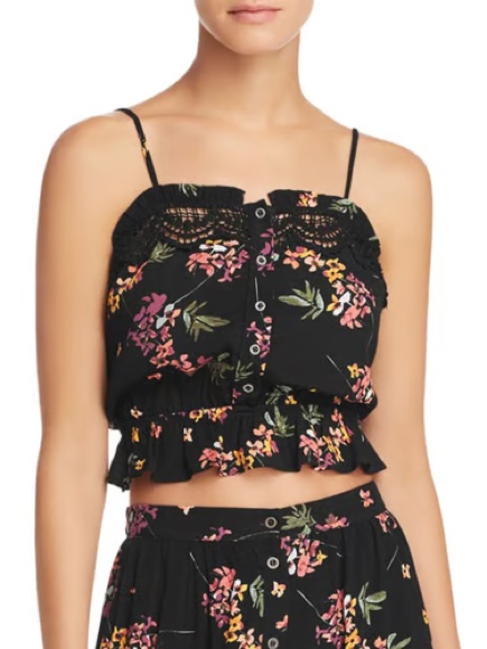 Lost + wander black floral lace detail crop top